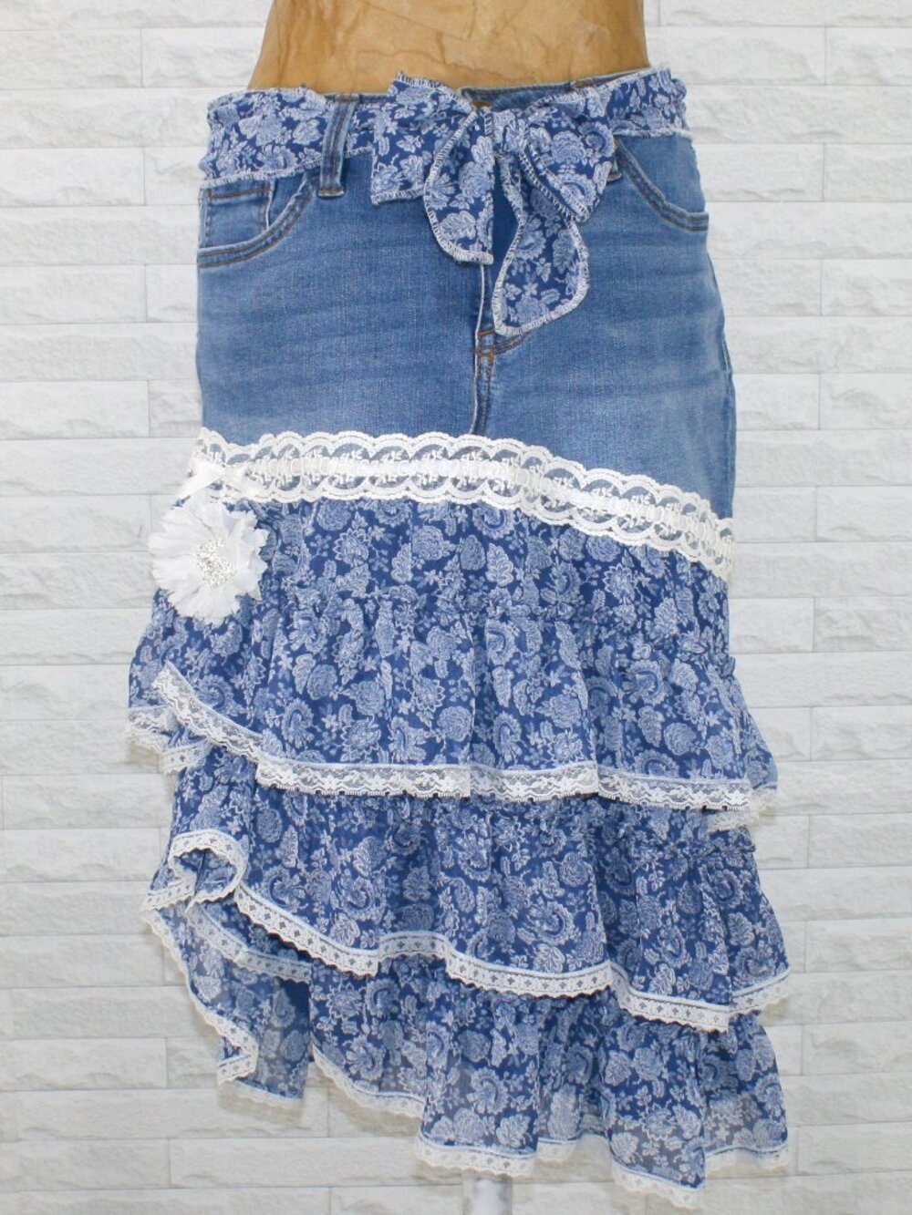HAND CRAFTED Skirt Denim Blue Jean Upcycled Lace Floral Ruffle Midi 8